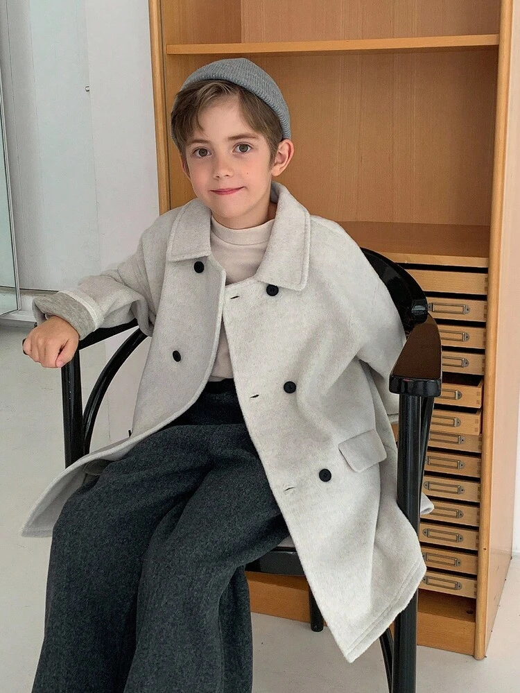 Tween Boy Solid Color Drop Shoulder Long Sleeve Double-Breasted Casual Jacket, Autumn/Winter