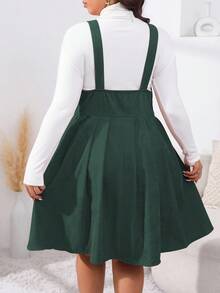 EMERY ROSE Plus Size Women Solid Color Button Half Placket Casual Strap Dress, Autumn - Dark Green - View 2