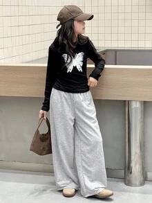 DAZY 2 件套青少年女孩圆领针织蝴蝶结印花 T 恤 + 裤子套装，秋季 - 黑色 - 查看 4