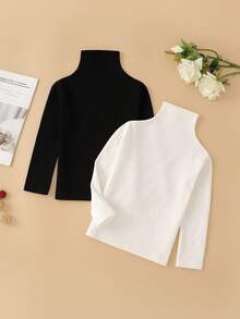 SHEIN Elladie kids 少女纯色高领长袖休闲百搭T恤，秋季