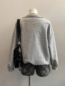 Attitoon 休闲复古学院风藏蓝色23号字母图案宽松半拉链高领女式卫衣，适合秋冬季节和返校季穿着，复古美式风格 - 灰色 - 查看 2