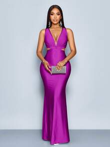 SOLERSUN 女式优雅纯色深V领露背修身鱼尾长裙 - 紫色 - 查看 3
