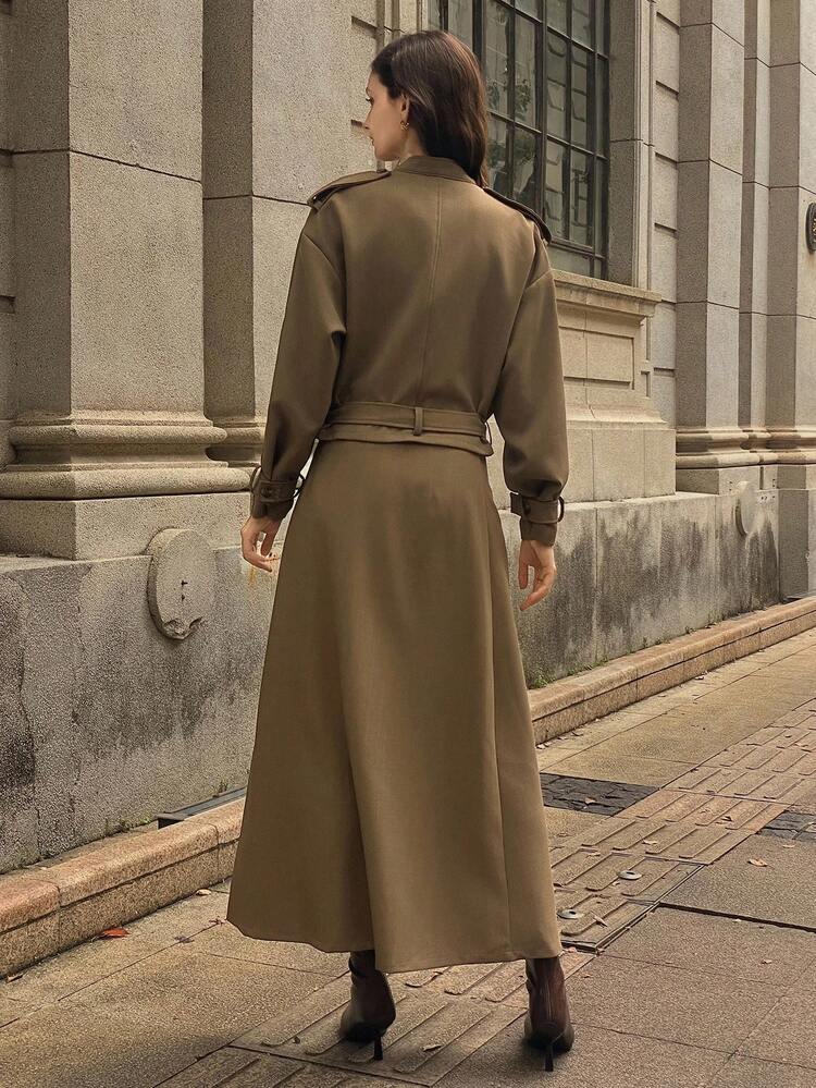 Women's Solid Color Loose Lapel Shoulder Strap Belt Cuff Double-Breasted Outdoor Jacket & A-Line Skirt Casual Street Suit, 2-Piece Set, Autumn/Winter