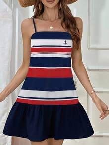 INAWLY 条纹航海风格时尚短款吊带连衣裙