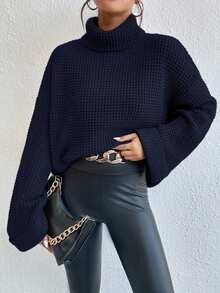 EMERY ROSE Women's Casual Solid Color Crew Neck Long Sleeve Sweater - Navy Blue - View 5