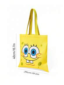 SpongeBob SquarePants | SHEIN 1 件可爱卡通图案帆布手提袋、购物袋，适合携带书籍、笔记本电脑、学校、通勤、购物、户外活动 - 黃色 - 查看 6