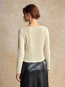 House of One Textured Knit Asymmetrical Neckline Fitted Top With Metal Flower Deco Women Autumn Elegant Wear