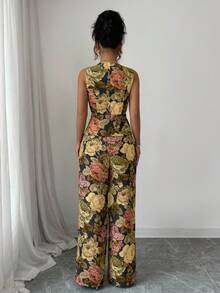 Elenzga 女士优雅黄色花卉两件套，春/秋/冬 - 黑色 - 查看 2