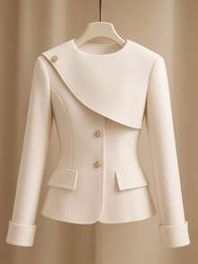 GlowEve Women's Elegant Solid Color Waist Cinched Commuter Jacket - Beige - View 8