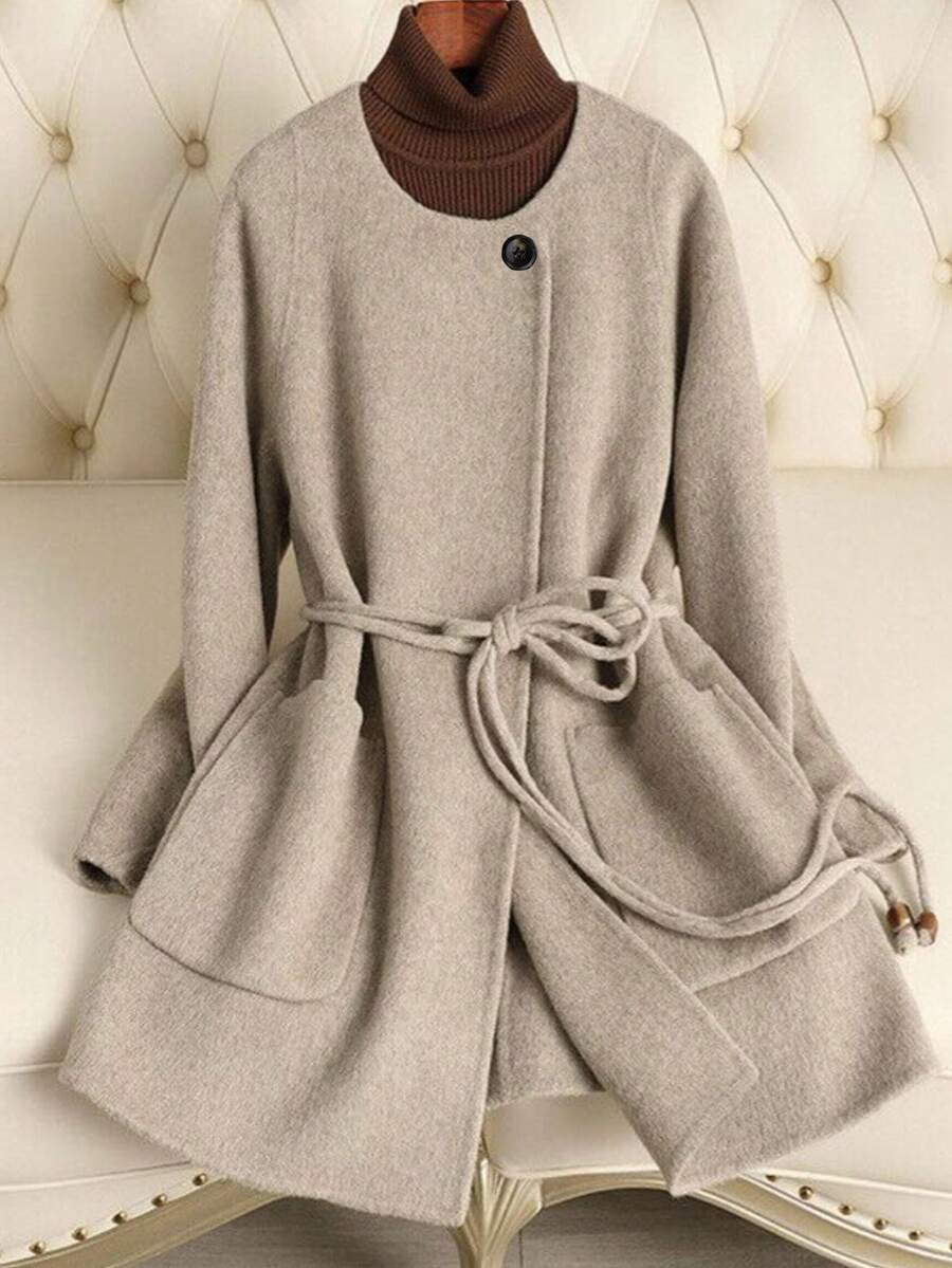 Franclia Áo khoác nữ tay dài màu trơn, thường ngày thu/đông mới, tối giản và đa năng - Màu Khaki - Xem 1