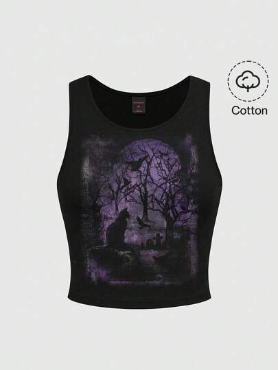 Gothic Stil Dunkel Halloween Grab Katze Schwarzer Wald Krähe Ast Lila Ärmellos Damen Tank Top