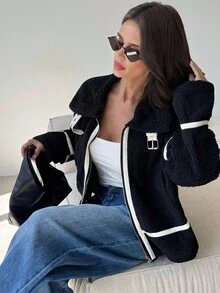 Firerie Abrigo elegante de manga larga con falso pelo y contraste de color para mujer