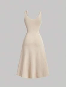 SHEIN MOD 淺卡其色3D花卉點綴優雅派對長款貼身連衣裙 - 卡其色 - 查看 2