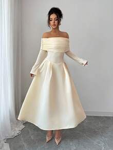 Elenzga Women's Apricot Elegant High-End Design Ruched Off Shoulder Long Sleeve Slimming Waist Patchwork Loose Flared Hem Party Midi Dress, Autumn - Apricot - View 6