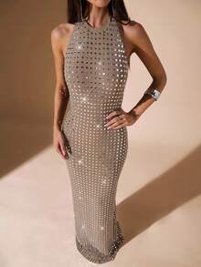 SHEIN BAE Váy dạ hội thanh lịch, thích hợp cho tiệc tùng, hộp đêm, tiệc cocktail, tiệc tối, dạ hội, dạ hội, dạ hội - Màu Khaki - Xem 6