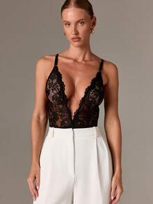 AiiRZ 深 V 领蕾丝紧身衣，透明花卉图案内衣，连体紧身晚会俱乐部夜间外出装，夏季时尚 - 黑色 - 查看 4