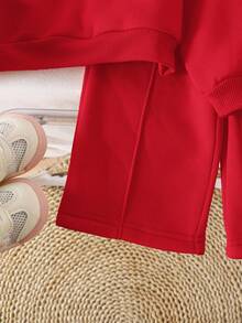 SHEIN 2pcs Baby Girl Fleece Sweatshirt & Pants Set, Embroidered Letter Design, Suitable For Outdoor And Indoor Wear, Autumn/Winter Fall - Red - View 3