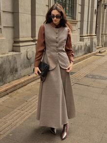 DAZY 2件套女士千鸟格无袖夹克和A字裙休闲套装，秋冬 - 棕色 - 查看 5