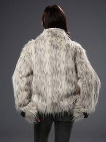 ROMWE Grunge Punk Abrigo reversible holgado de cuello alto con estampado de lunares y cuello de piel sintética, versátil, elegante y de estilo urbano para mujer en otoño/invierno y Halloween