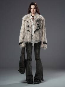 ROMWE Grunge Punk Abrigo reversible holgado de cuello alto con estampado de lunares y cuello de piel sintética, versátil, elegante y de estilo urbano para mujer en otoño/invierno y Halloween