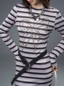 Bloopia Punk Apocalypse Chic Women's Autumn/Winter Halloween Fashion Personalized Contrast Stripe Digital Print Bow Rivet Rhinestone Fitted Long Sleeve Off Shoulder Pullover Maxi Dress - Multicolor - View 6