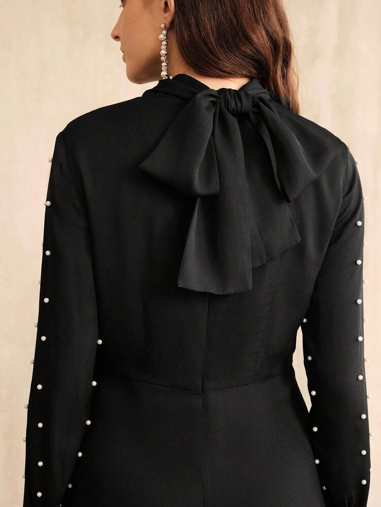 Women's New Long Sleeve Pearl Embellished Dress, Elegant Black Color, European And American Style, Sophisticated Professional Attire, Suitable For Fall, Winter, New Year, Elegant, Chic, Stylish, Christmas, Going Out