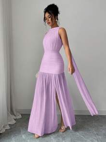 Selianne 女式纯色无袖优雅露背修身开叉连衣裙 - 淡紫色 - 查看 5