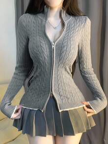 Women's Textured Cable Knit Sexy Fitted Sporty Sweater, Color Block Lace Patchwork Stand Collar Casual Cardigan, Autumn/Winter - Grey - View 14