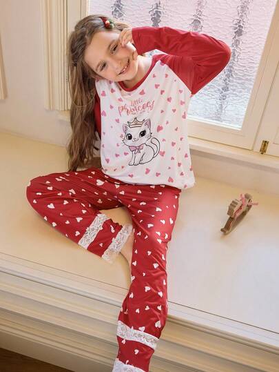 卡通可爱猫咪与爱心撞色插肩袖蕾丝拼接女童睡衣