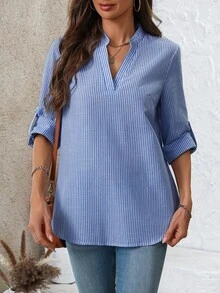 EMERY ROSE 女式休闲/工作条纹卷袖缺口领衬衫 - 寶藍色 - 查看 5