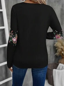 EMERY ROSE Áo thun cổ khoét họa tiết hoa giản dị, mùa thu - màu đen - Xem 2