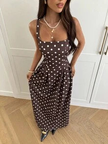 Aloruh 女式方领无袖棕色波点荷叶边下摆连衣裙 - 棕色 - 查看 1