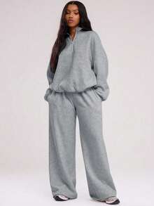 MUSERA 四分之一拉链宽松卫衣，休闲百搭，适合机场毕业典礼、返校季、教师节、冬春假期穿。 - 灰色 - 查看 3