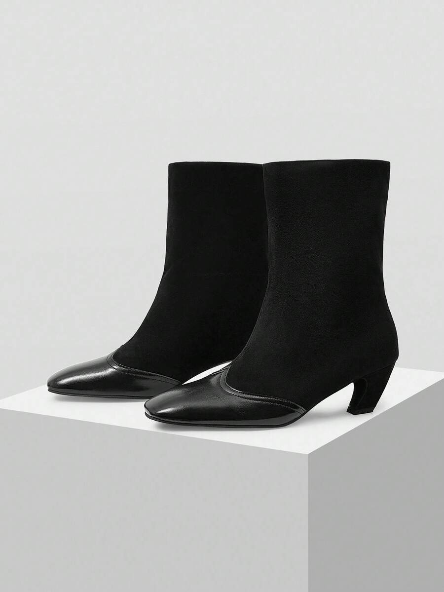 Mnmlis Women's New Side Zipper Square Toe Knee-High Boots - Black - View 1