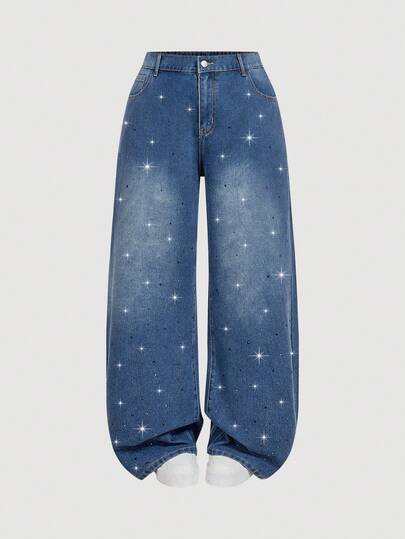 SHEIN MOD 大码时尚水洗水钻装饰阔腿牛仔裤