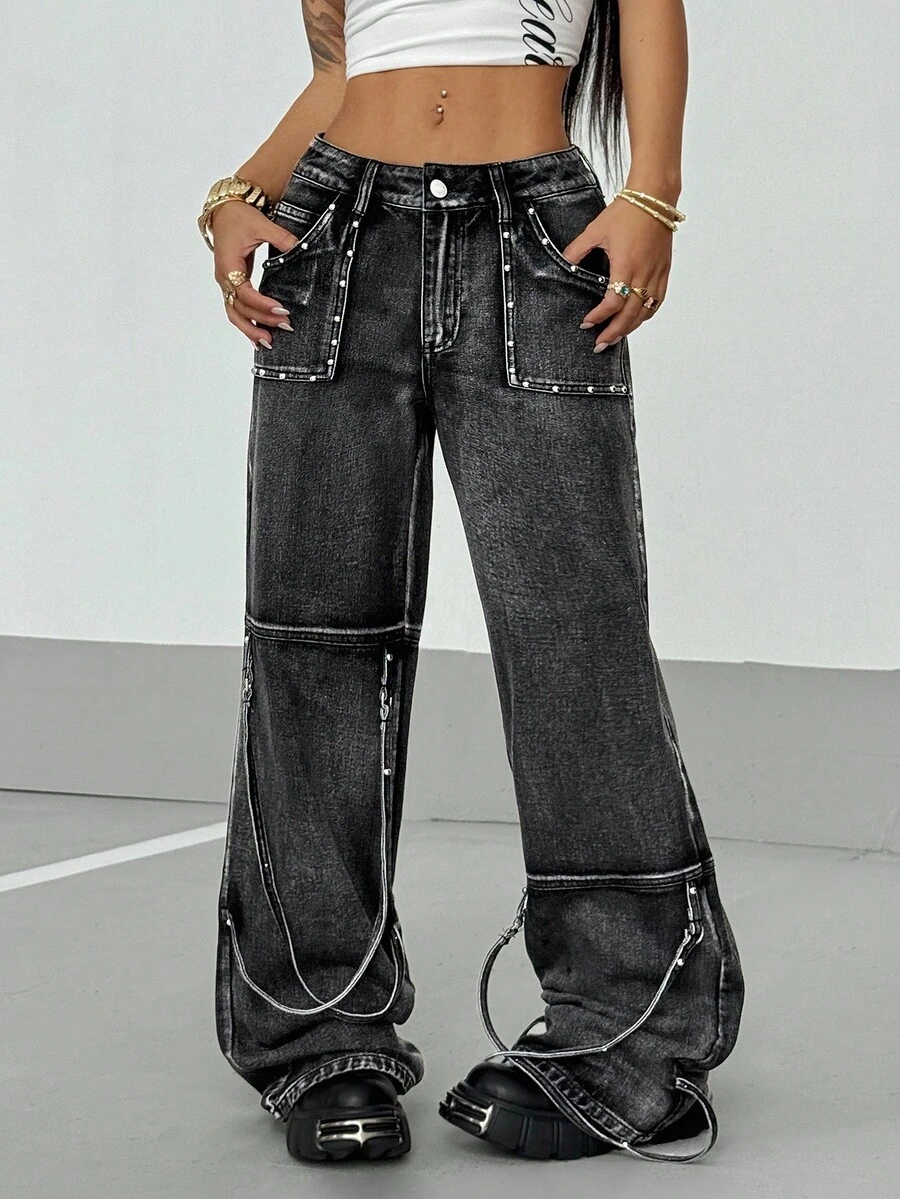 StreetHx Women's Casual Loose Wide Leg Button Pocket Jeans - Dark Grey - View 1