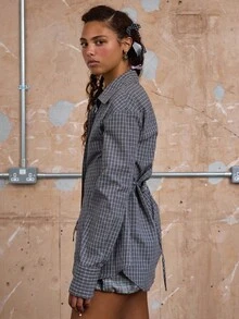 COUREZ Áo sơ mi dài tay thắt eo họa tiết kẻ caro / Áo mùa hè cho nữ, phong cách vintage Y3K Y2K - Xám - Xem 5