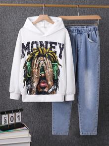 SHEIN 2 Stücke Tween Jungen Lässige, locker sitzende, bequeme Motorrad Punk COOL Grafik Muster Langarm Hoodie und Relaxed Fit Jeans Set, geeignet für Herbst/Winter Ausflüge, Schule, Partys, Feiertage - Weiss - Übersicht 8