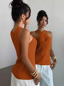 Elenzga Cross-Neck Minimalist Niche Design Casual Knit Top - Orange - View 2