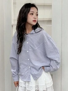 Dazy Kids 女童格子连帽长袖梭织衬衫 - 淺藍色 - 查看 7