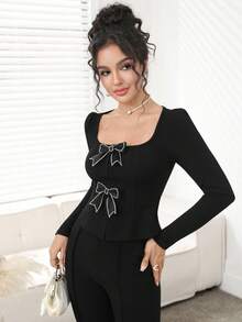 Modelyn Elegant Bowknot Collar Puff Sleeve Blouse For Women