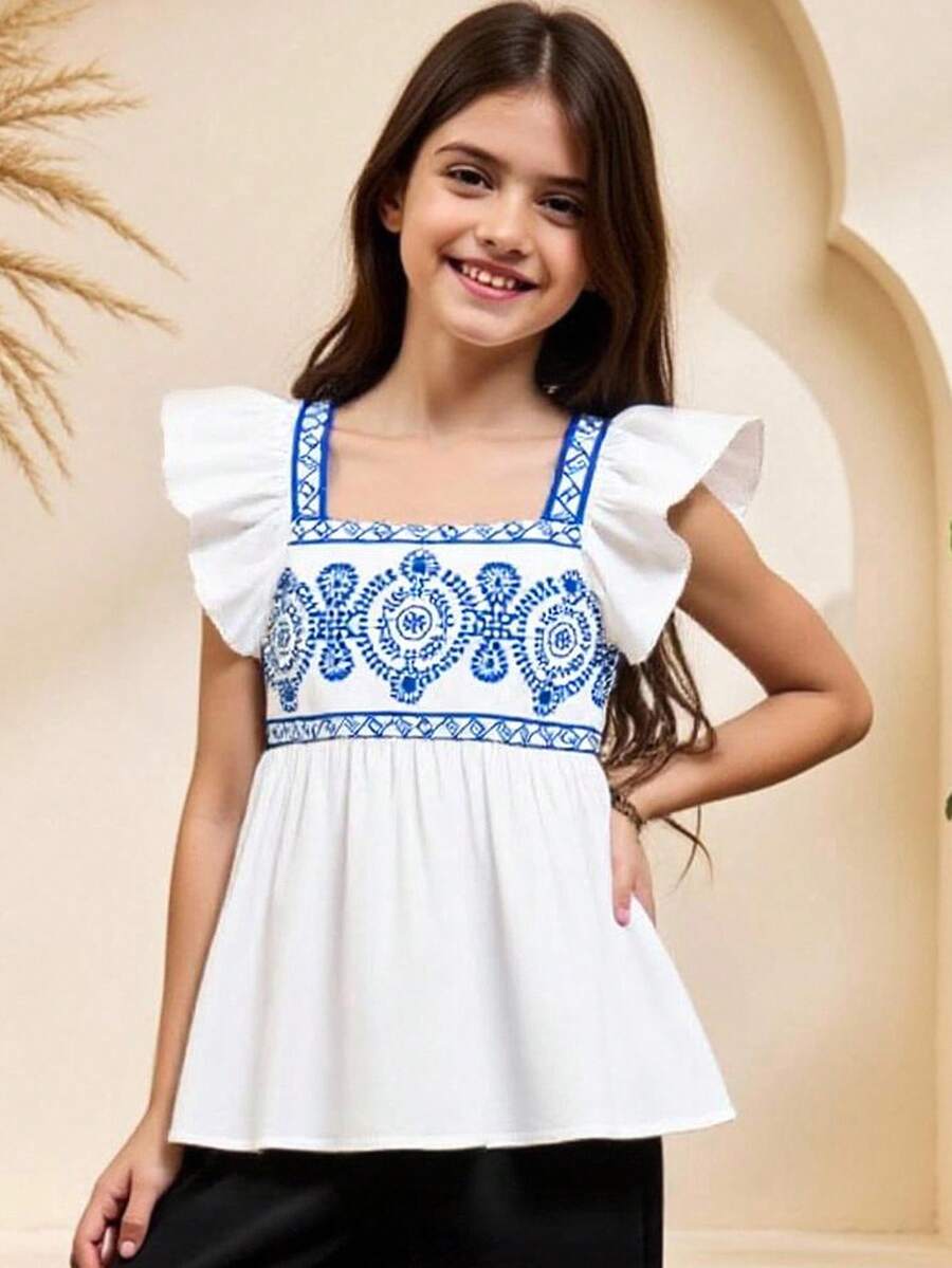 Tween Girl Vacation Casual Blue Printed Ruffle Trim Blouse - White - View 1