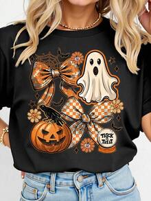 EMERY ROSE Halloween Pumpkin Ghost Print Plus Size T-Shirt - Black - View 1