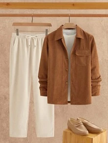 HIMLAND 2pcs/Set Men's Casual Corduroy Long Sleeve Slim Fit Shirt And Drawstring Waist Straight Leg Pants Set, Earthy Clothes Outfit, Linen Two Piece Set, Fall