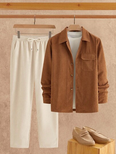 HIMLAND 2pcs/Set Men's Casual Corduroy Long Sleeve Slim Fit Shirt And Drawstring Waist Straight Leg Pants Set, Earthy Clothes Outfit, Linen Two Piece Set, Fall