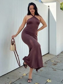 NegzBox Back-Twist Halterneck Midi Dress,Ladies Sexy Backless Sleeveless Halter Slim Fit Long Brown Plain Bodycon Women Long Dresses,Spring/Summer,Party/Nightclub Outfits Maxi Women Outfit - Brown - View 4