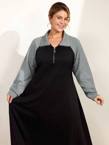 Momelise Vestido casual holgado de manga raglán con diseño de cremallera y contraste de color para mujer de talla grande, otoño - Multicolor - Ver 6