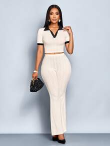 SOLERSUN Autumn And Winter Women's Wear Daily Leisure Commuting Apricot Knitted Velvet Jacquard Fabric Short Sleeves Polo Neck V Neck Collar And Cuffs Contrast Color Flared Pants Suit Fitted Two Pieces Suit Fall Cloth For Women