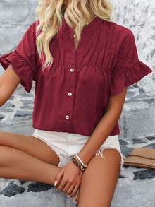 Calvaya Áo sơ mi tay ngắn màu trơn rộng rãi, thoải mái cho nữ cỡ lớn, mùa hè - Màu Đỏ Sâu - Xem 4