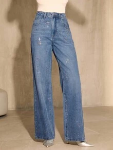 Anewsta Fashionable Rhinestone Embellished Straight Leg Blue Jeans For Women - Blue - View 7